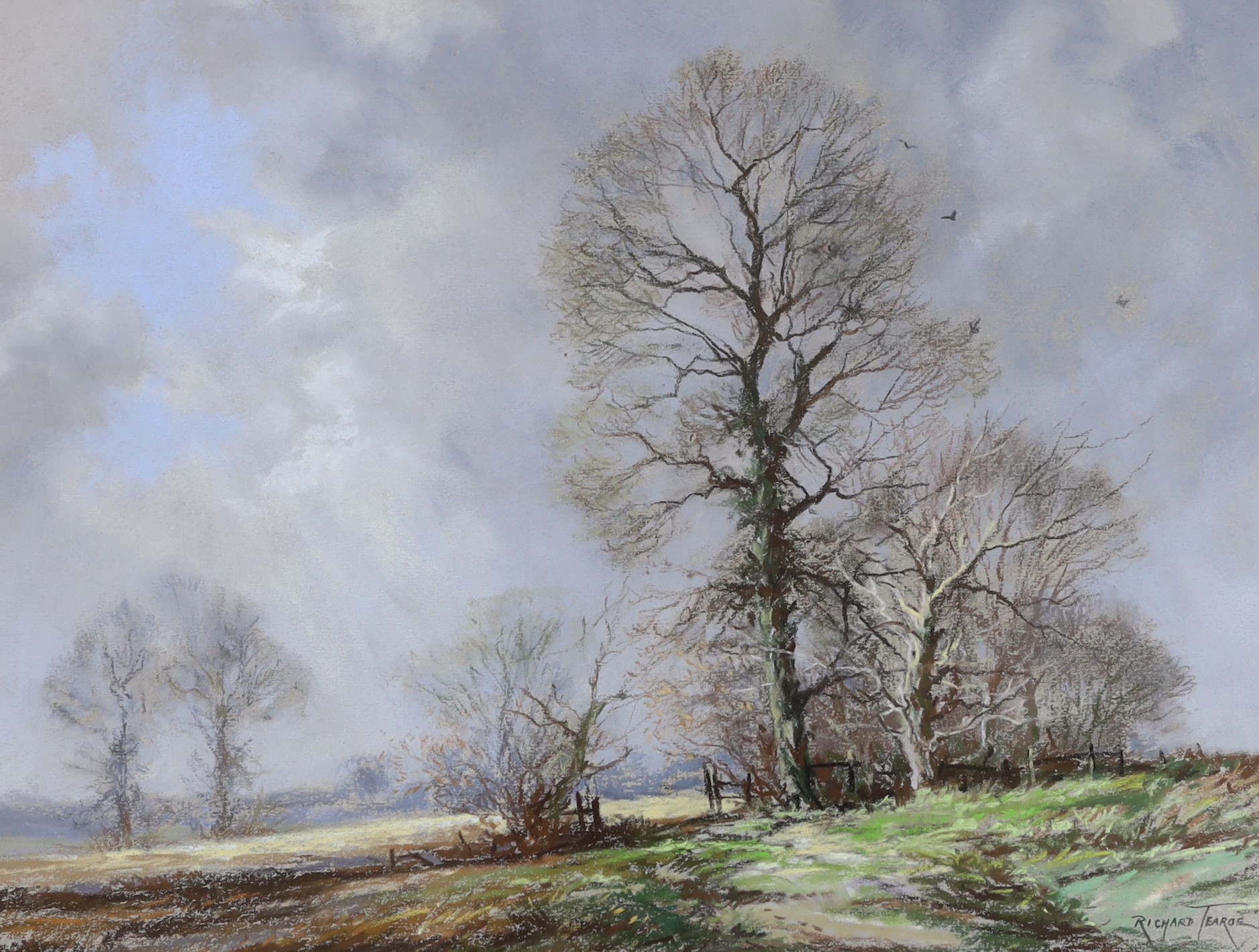 Richard Tearoe (20th C.), pair of pastels, 'Break in the clouds' and 'Windmill in a landscape', signed, 33 x 43cm